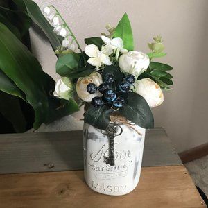 Handmade Cream-Colored Floral Arrangement in Metallic Silver & White Kerr Jar